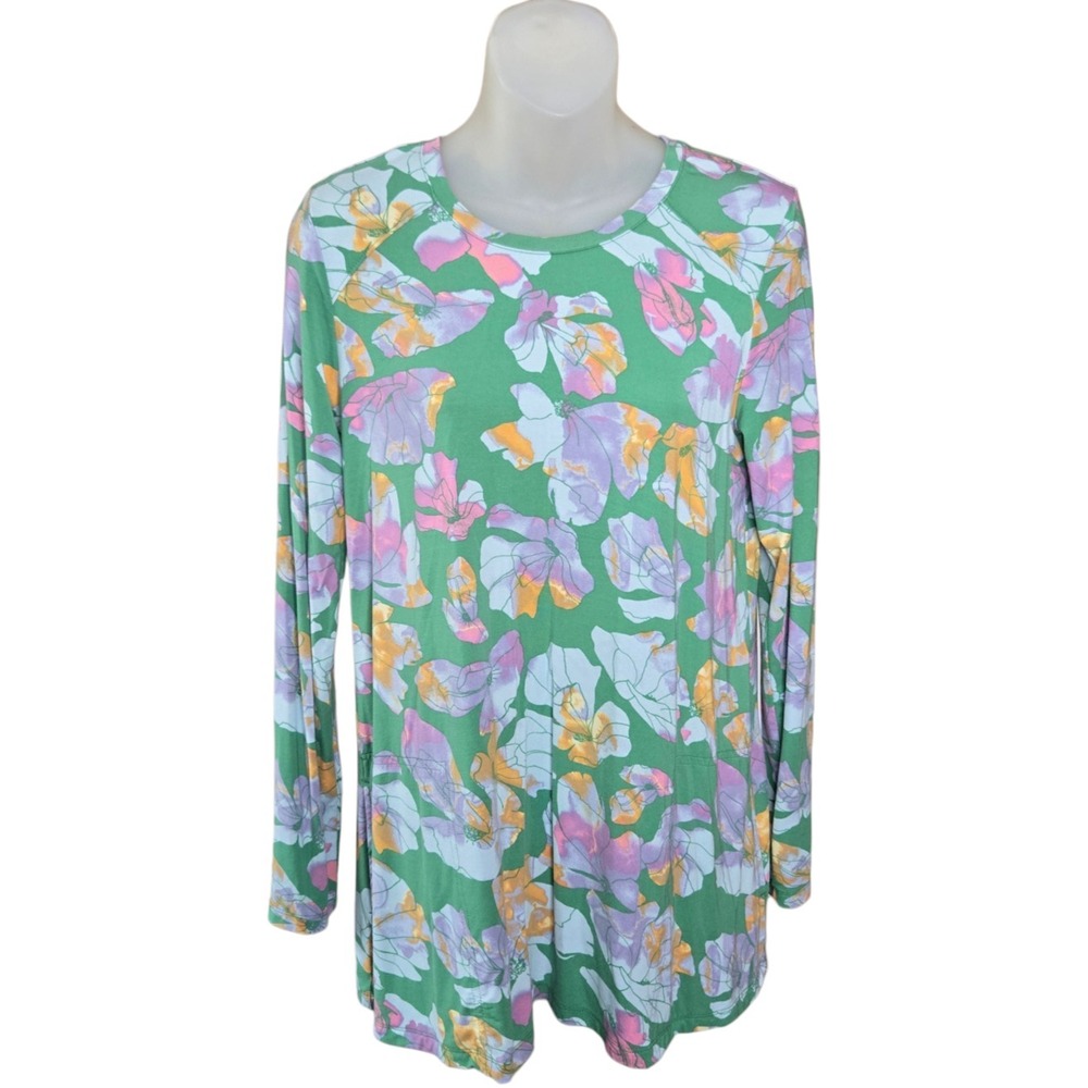 LOGO Lori Goldstein Womens Floral Watercolor Tunic Top Size XS Stretch Bloomcore